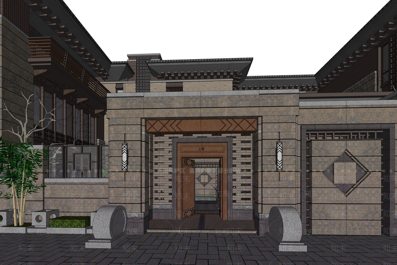 新中式合院别墅SU模型下载【ID:399351284】