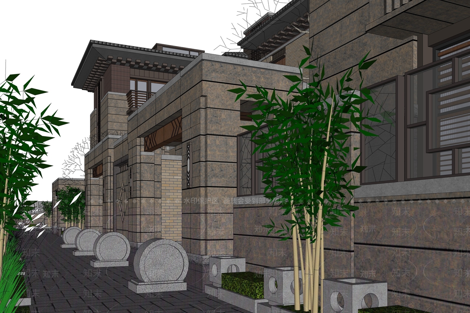 新中式合院别墅SU模型下载【ID:399351284】