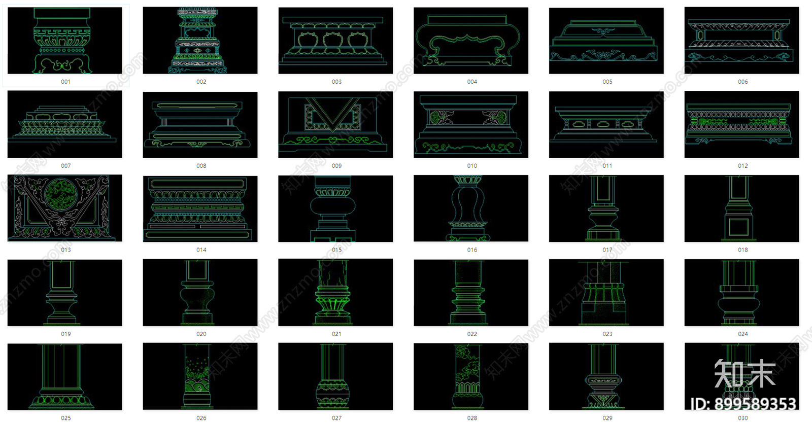 中式柱图块施工图下载【ID:899589353】