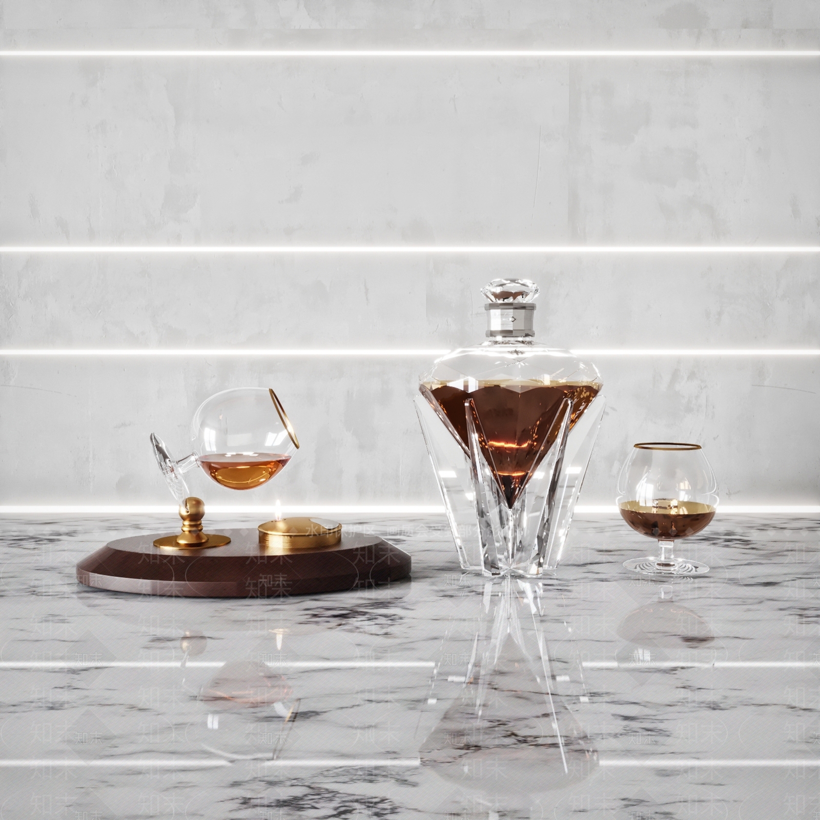 现代酒瓶酒杯组合3D模型下载【ID:299629888】