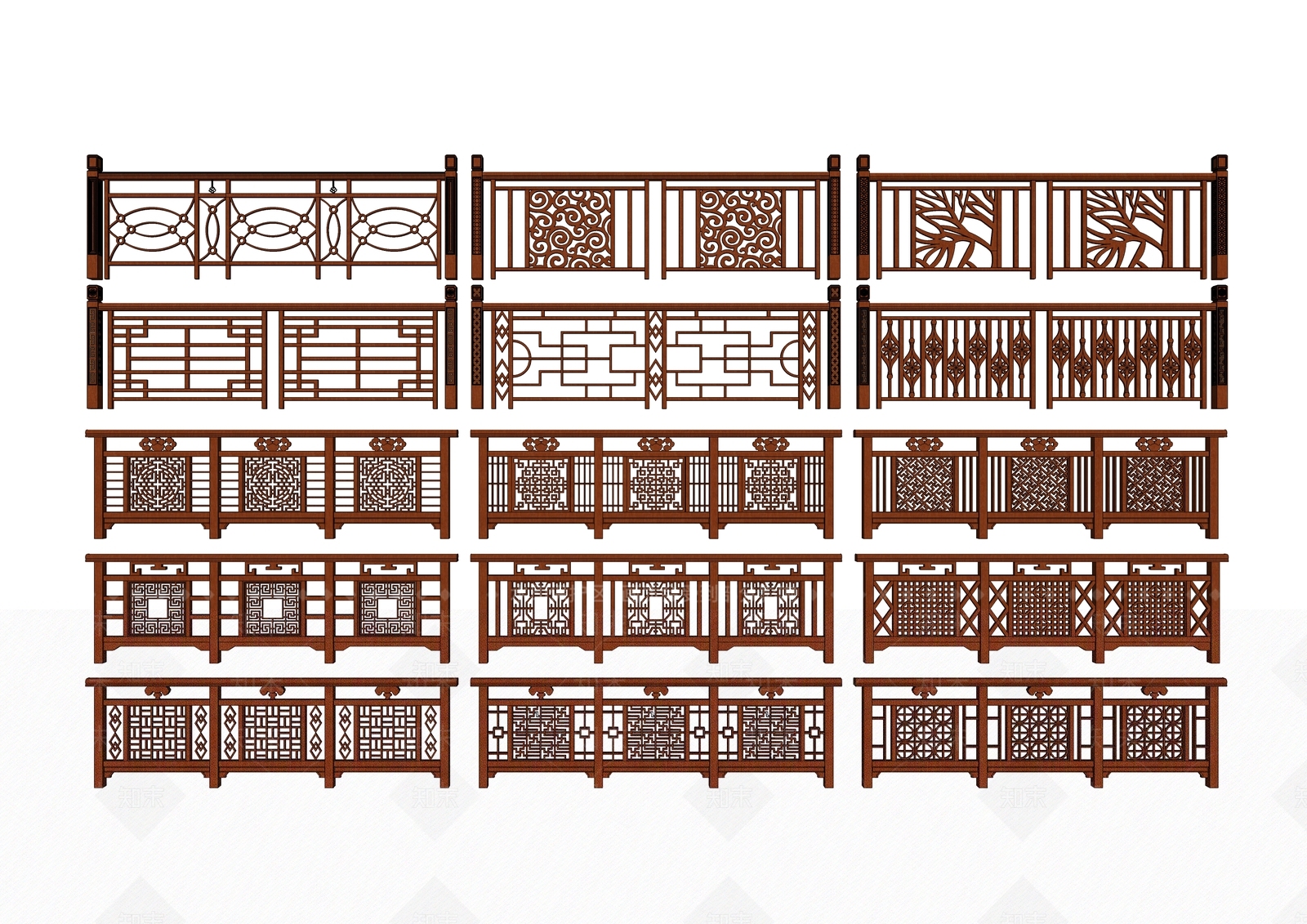 中式实木雕花栏杆SU模型下载【ID:799668066】