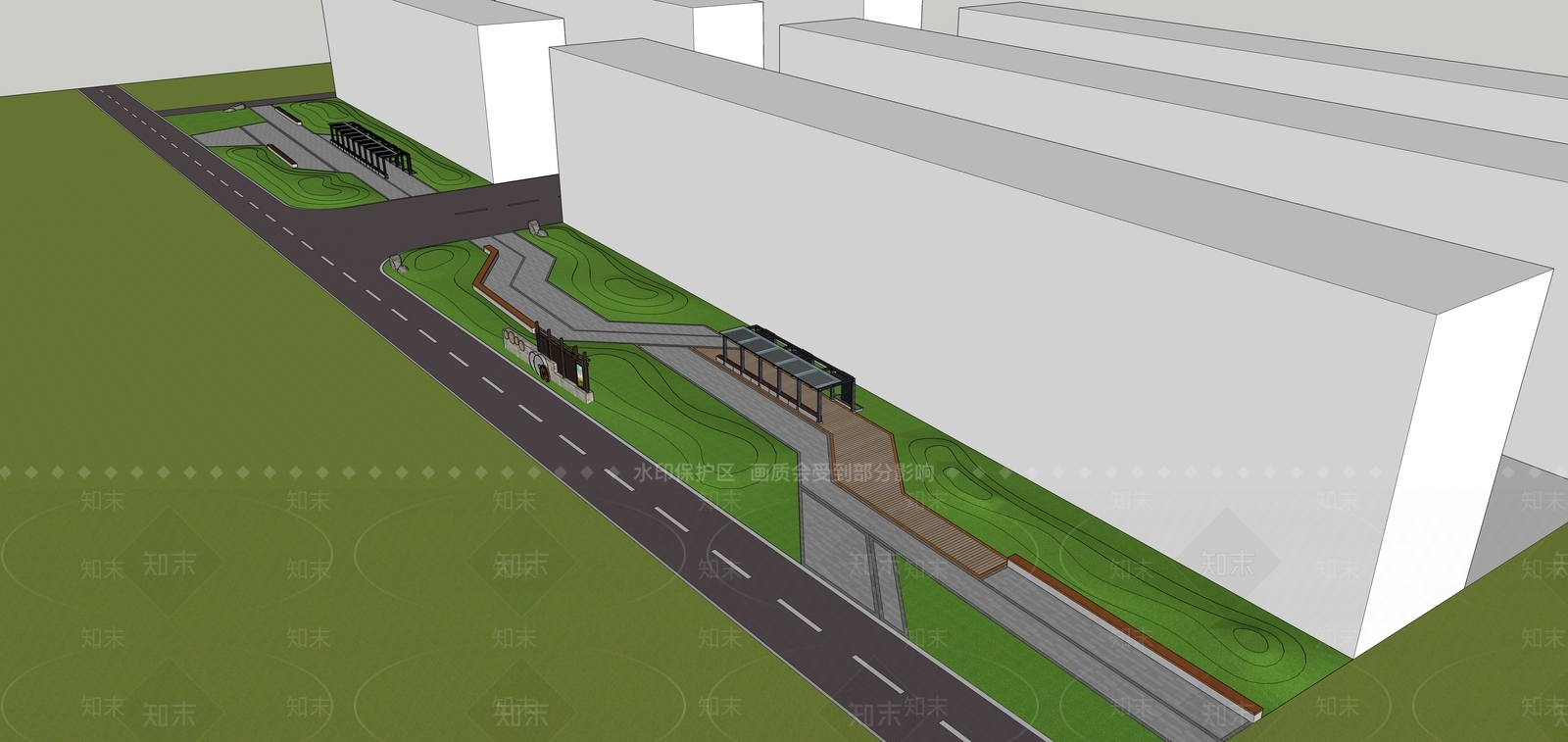 现代乡村带状公园景观SU模型下载【ID:599743719】