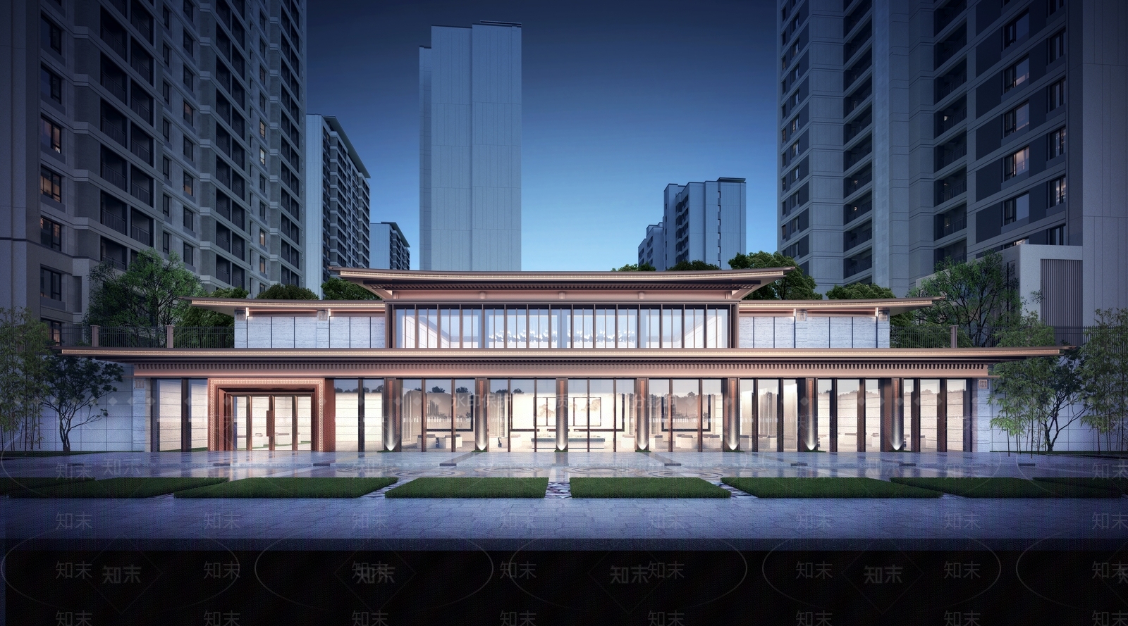 新中式售楼处建筑SU模型精品下载_知末网