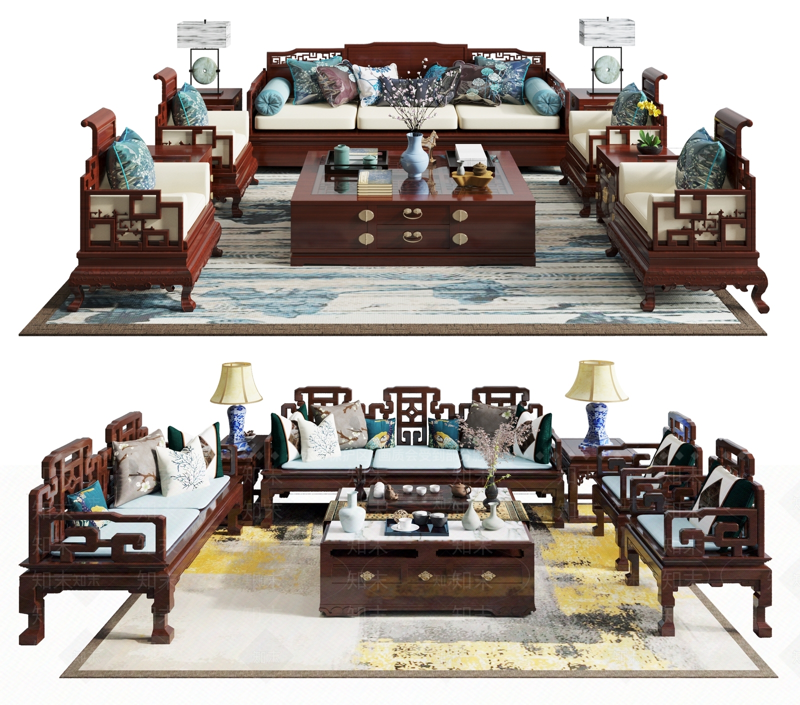 中式红木沙发茶几组合3D模型下载【ID:399799369】