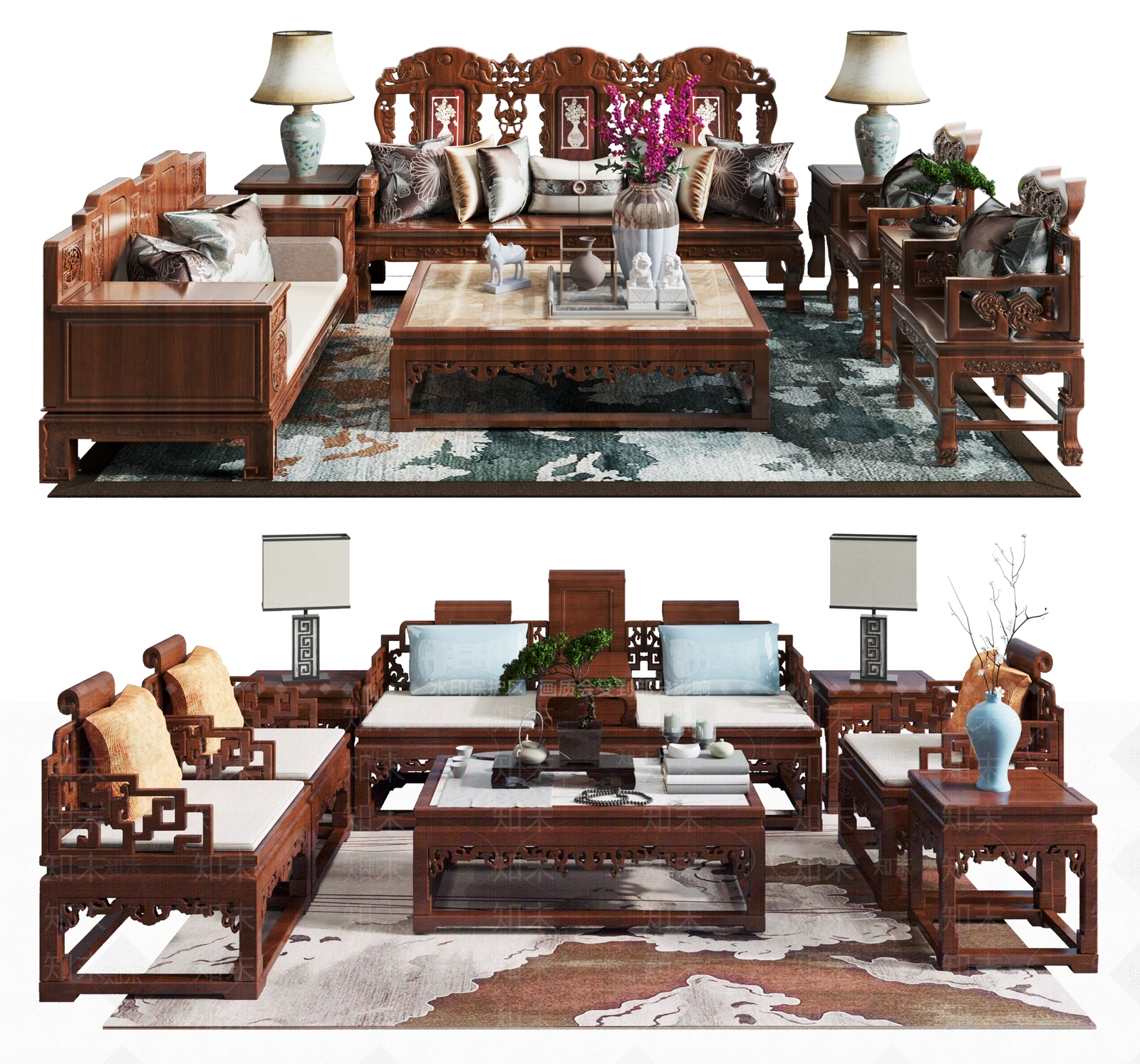 中式红木沙发茶几组合3D模型下载【ID:399802383】