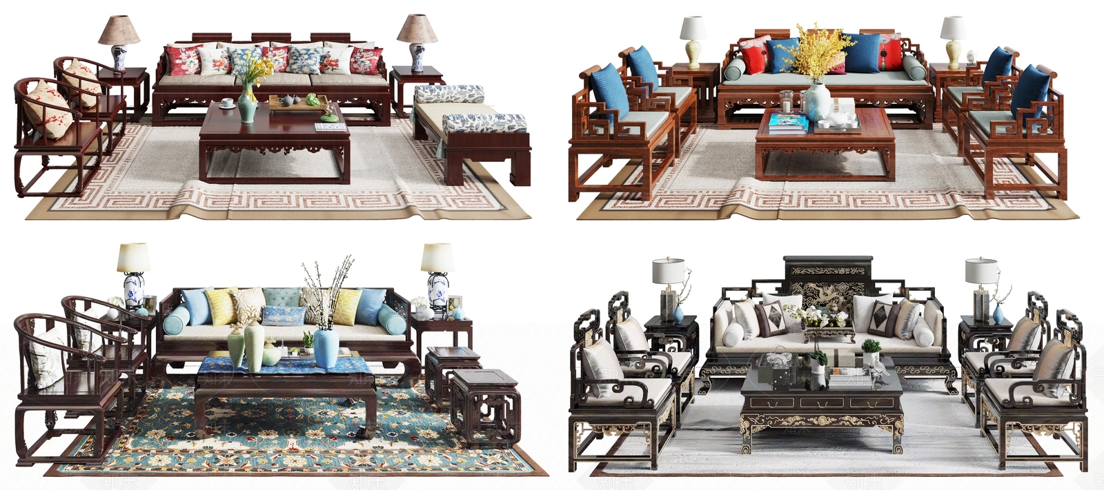 中式红木沙发茶几组合3D模型下载【ID:399889319】