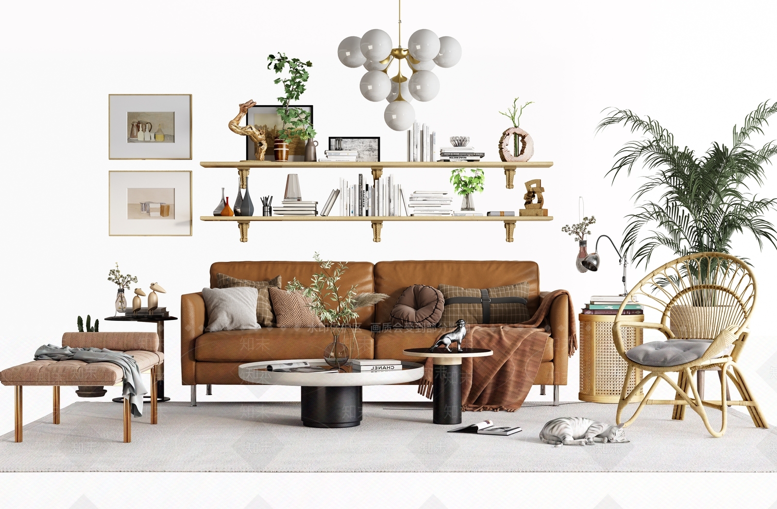 日式沙发茶几组合3D模型下载【ID:399924363】