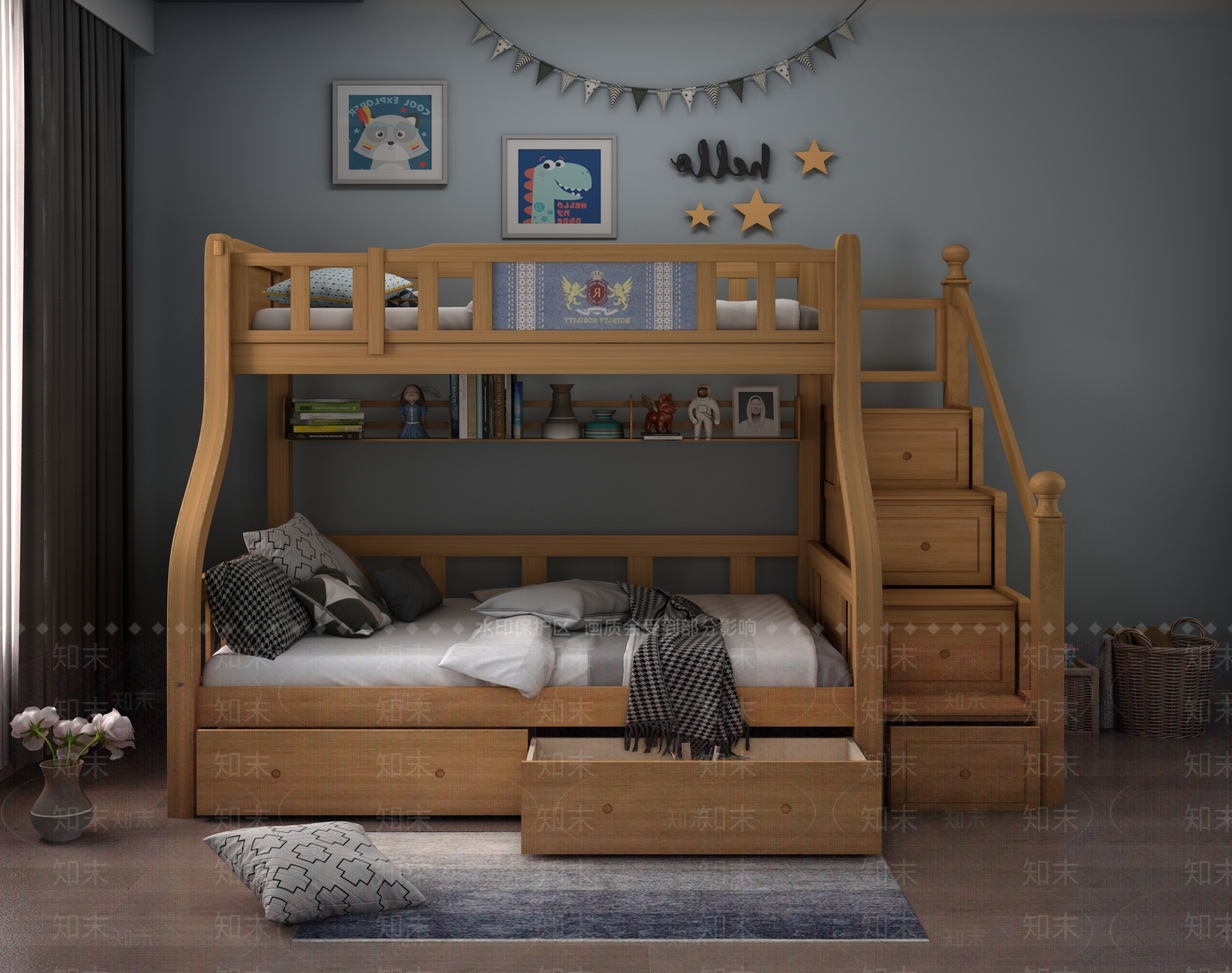 北欧儿童房上下床3D模型下载【ID:1100211033】