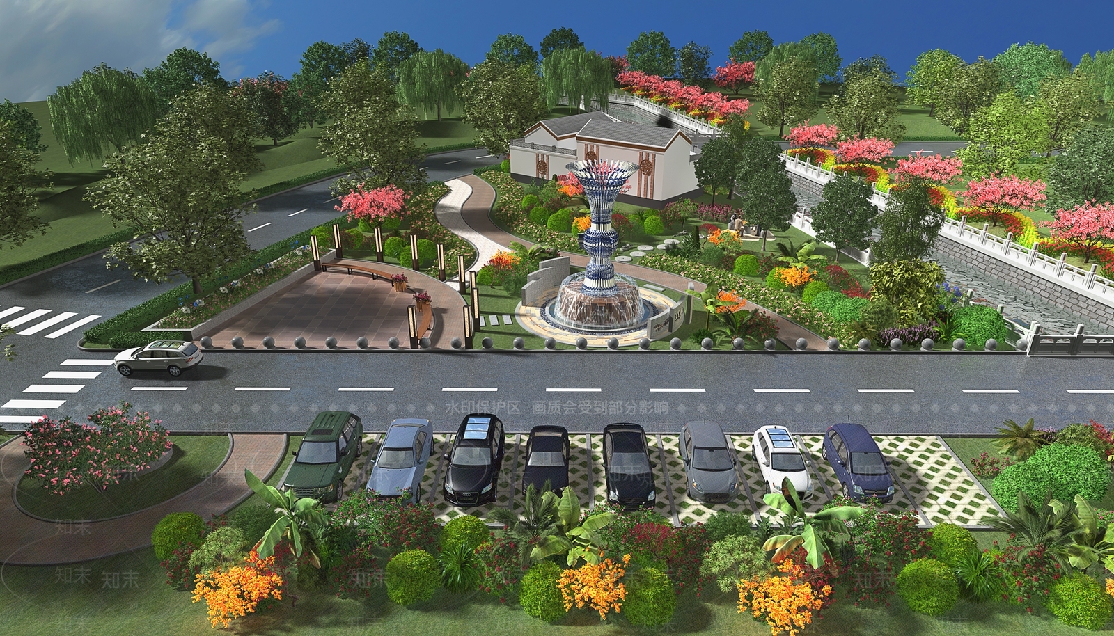 现代公园鸟瞰图3D模型下载【ID:1100234011】