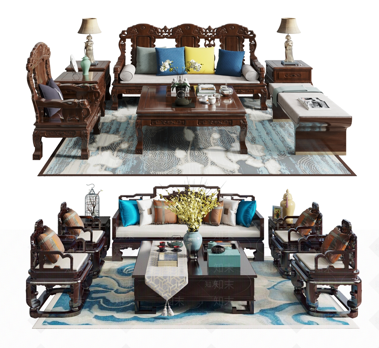 中式红木沙发茶几组合3D模型下载【ID:1100329813】