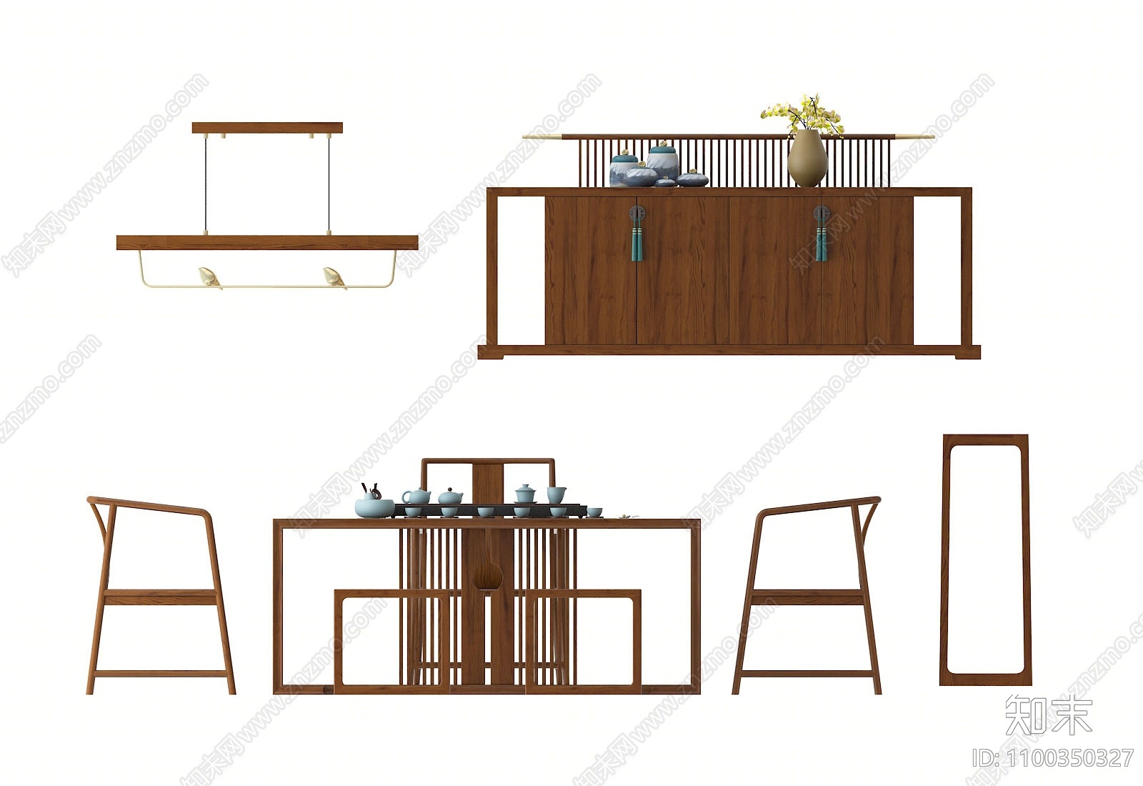 新中式茶桌椅组合3D模型下载【ID:1100350327】