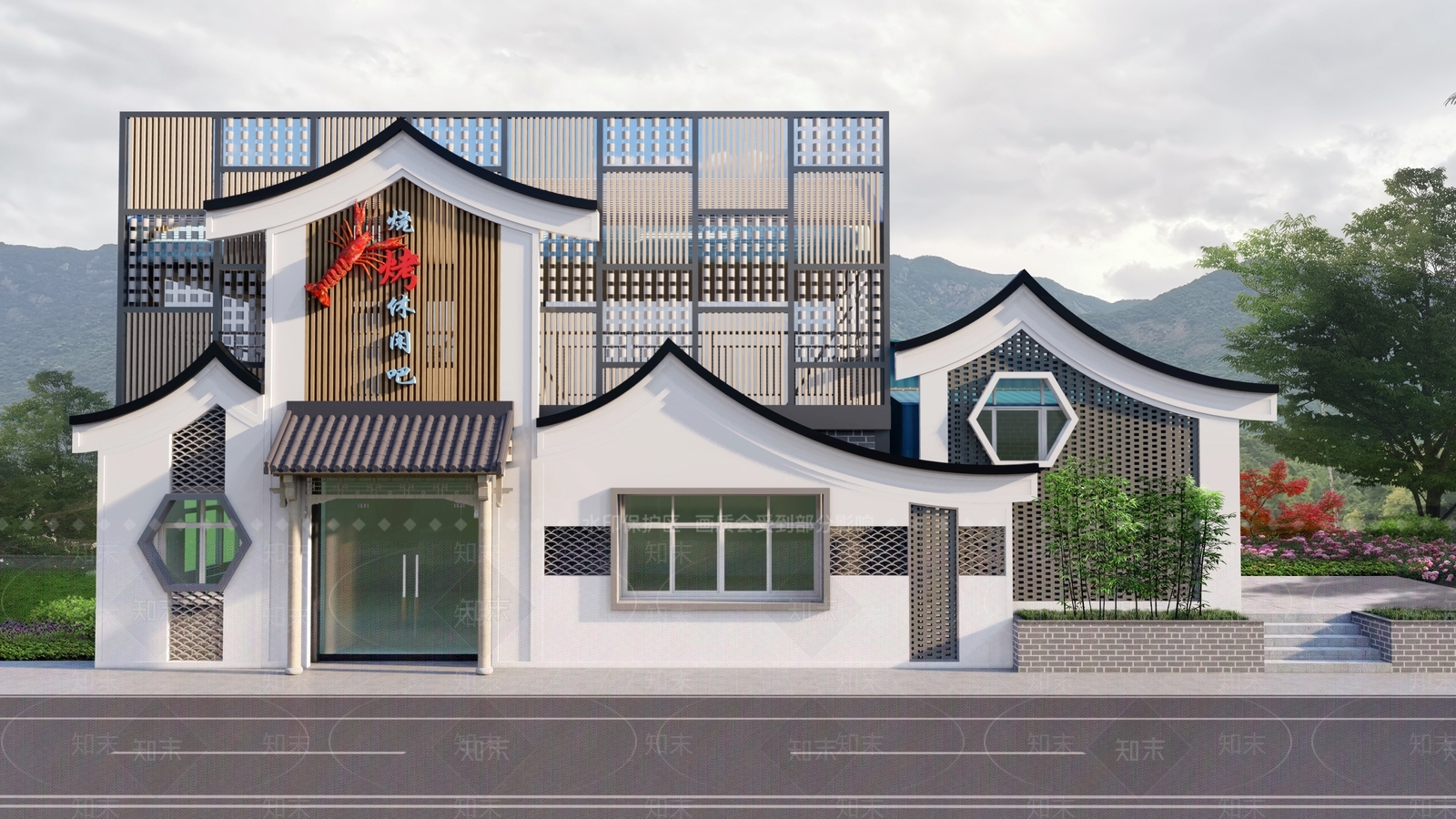 新中式烧烤吧门头门面SU模型下载【ID:1100351459】