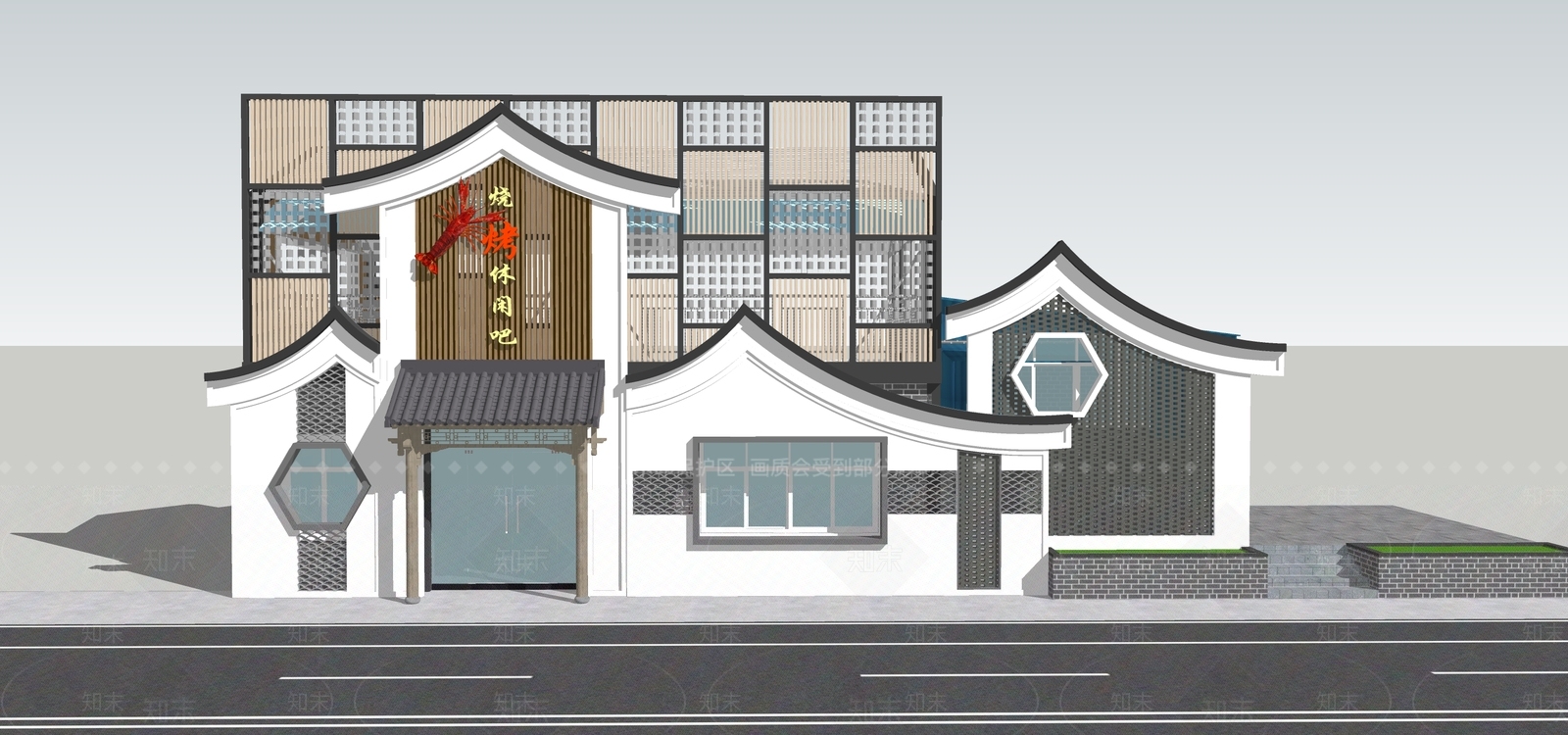 新中式烧烤吧门头门面SU模型下载【ID:1100351459】