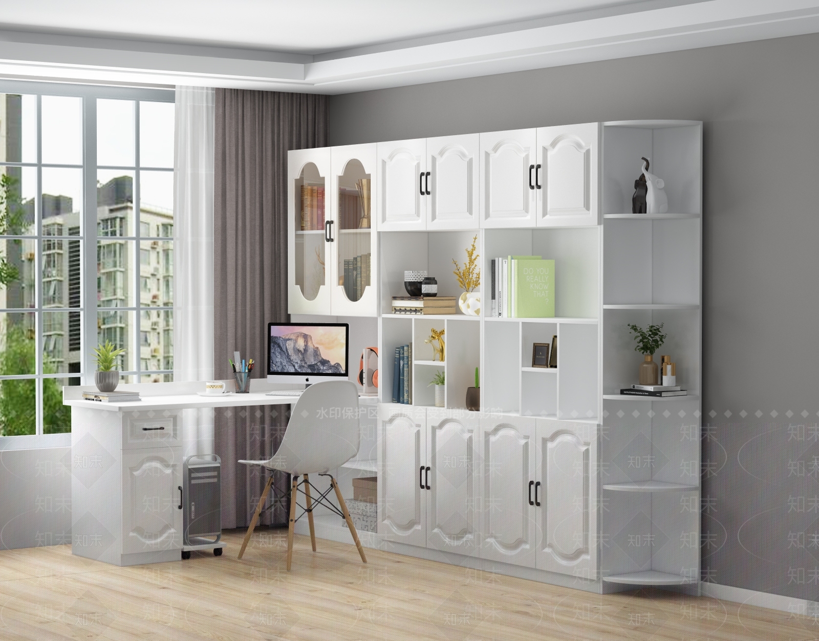 现代转角电脑书桌椅子组合3D模型下载【ID:1100370281】