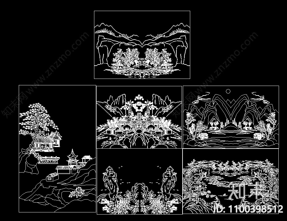 新中式山水风景雕花cad施工图下载【ID:1100398512】