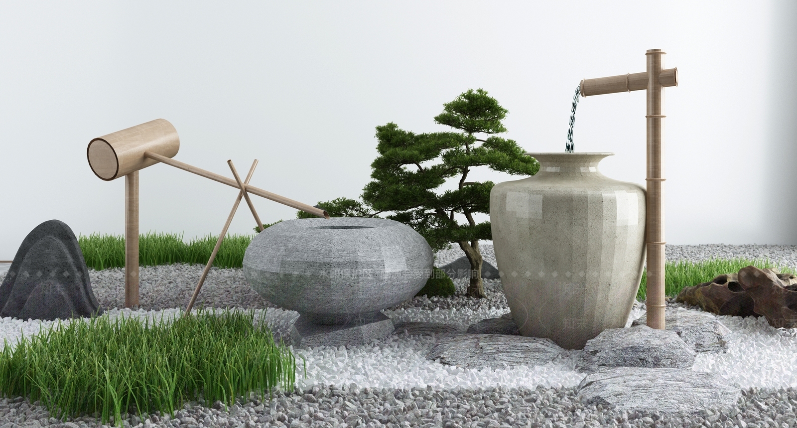 新中式假山山水3D模型下载【ID:1100399097】
