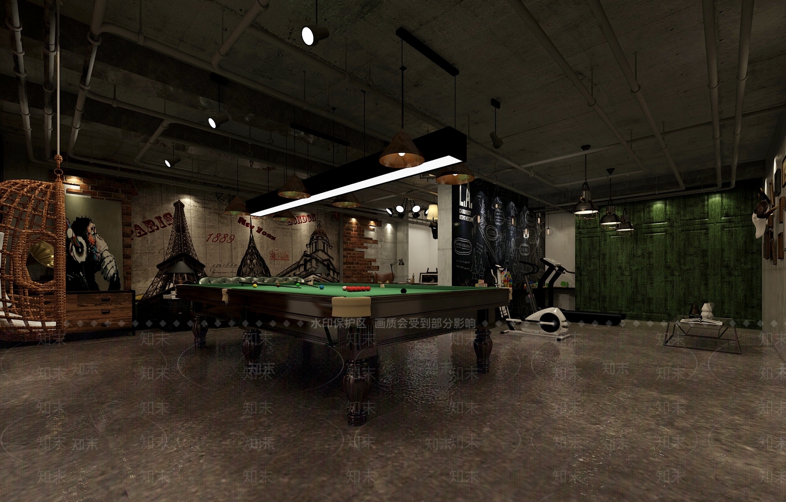 工业风桌球室3D模型下载【ID:1100402595】