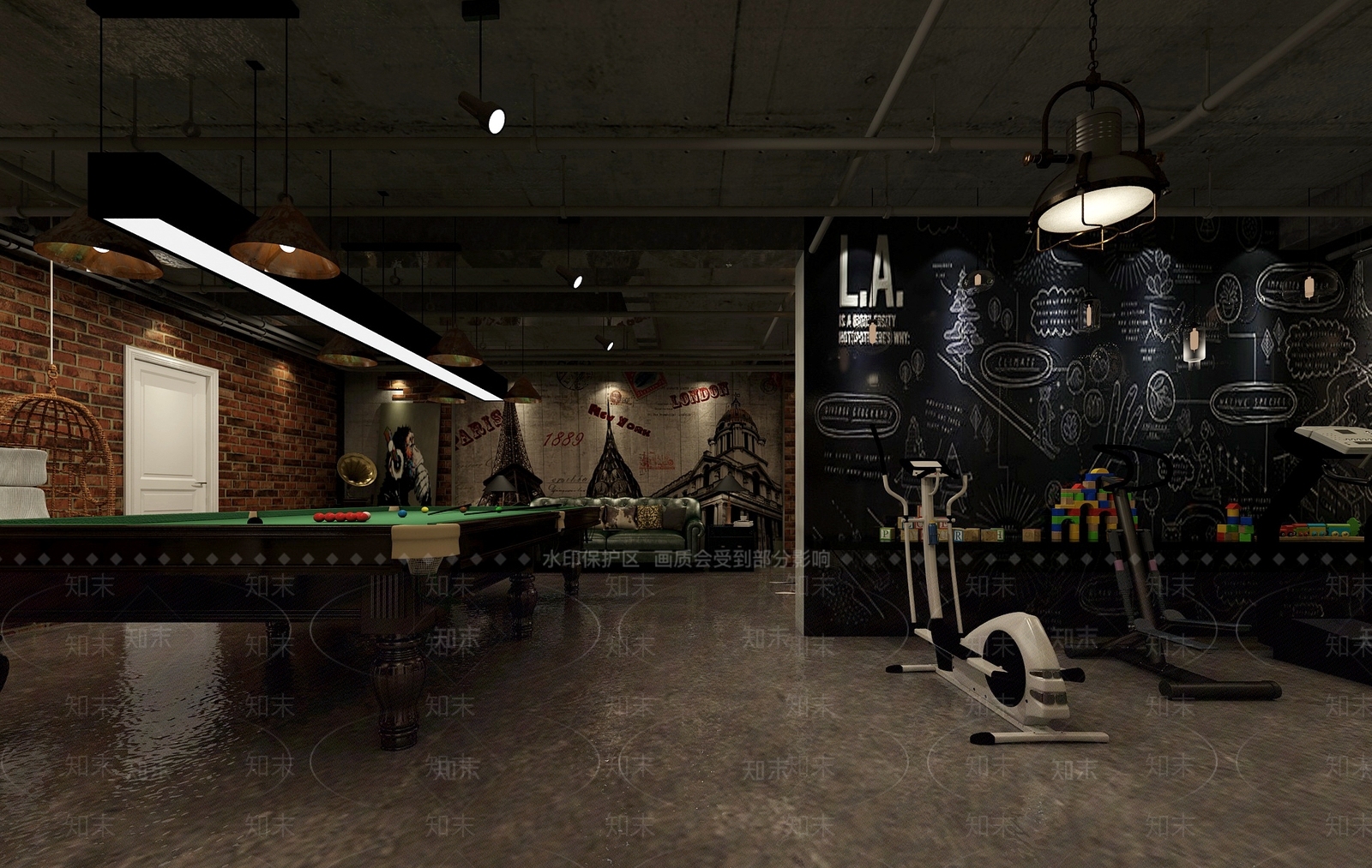工业风桌球室3D模型下载【ID:1100402595】
