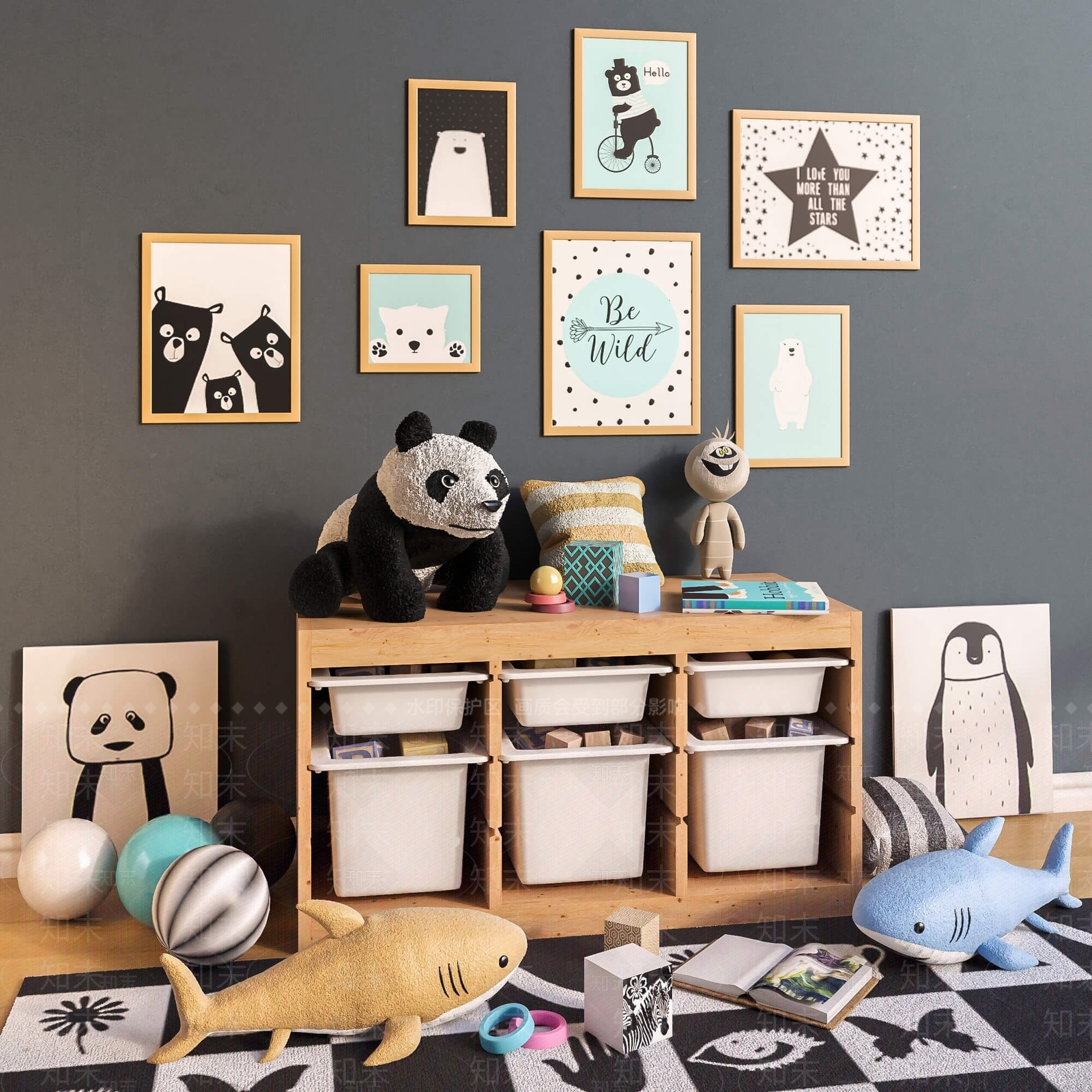 现代儿童玩具收纳柜组合3D模型下载【ID:1100415933】