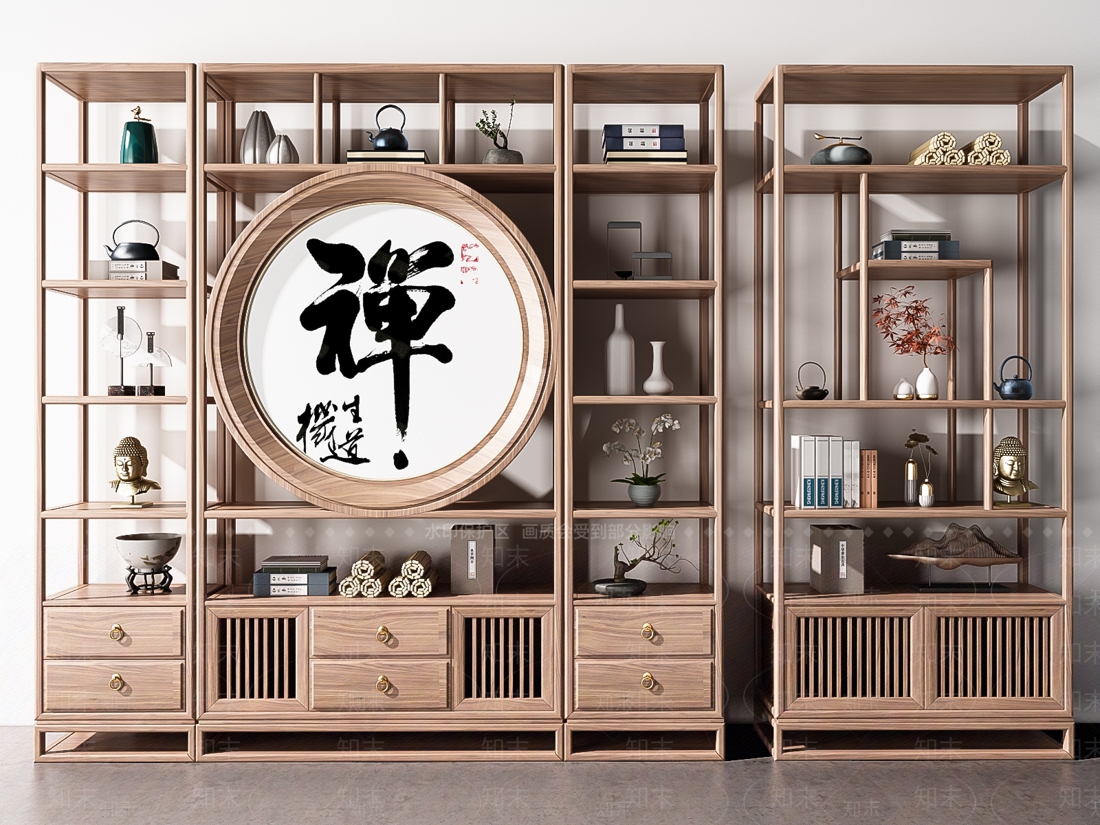 新中式博古架组合3D模型下载【ID:1100466788】