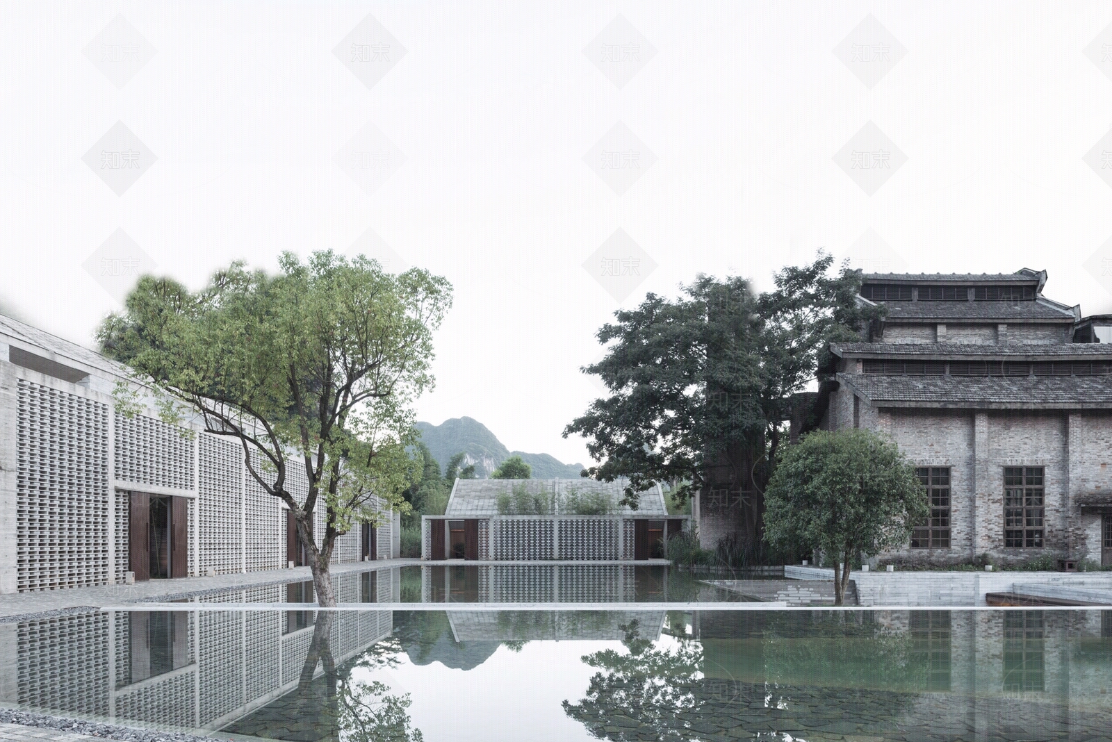白天户外水池大树房屋贴图下载【ID:1100490511】