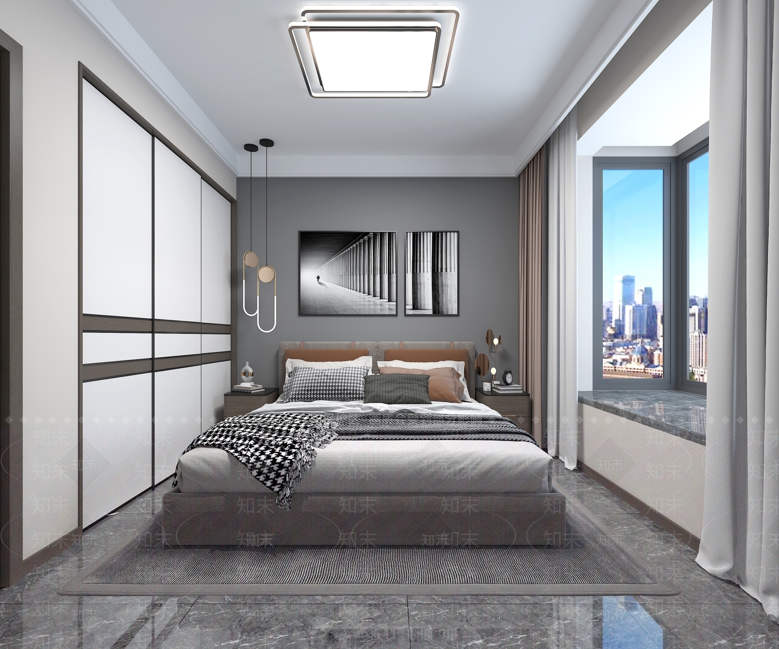现代家居黑白灰卧室3D模型下载【ID:1100506710】_知末3d模型网