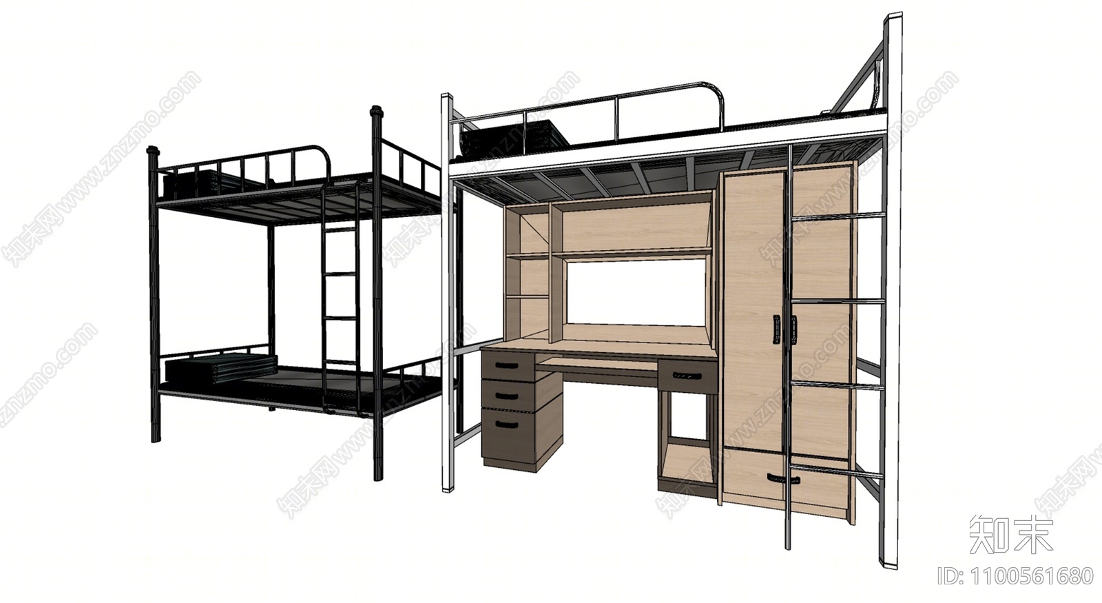 现代宿舍铁架双层床SU模型下载【ID:1100561680】