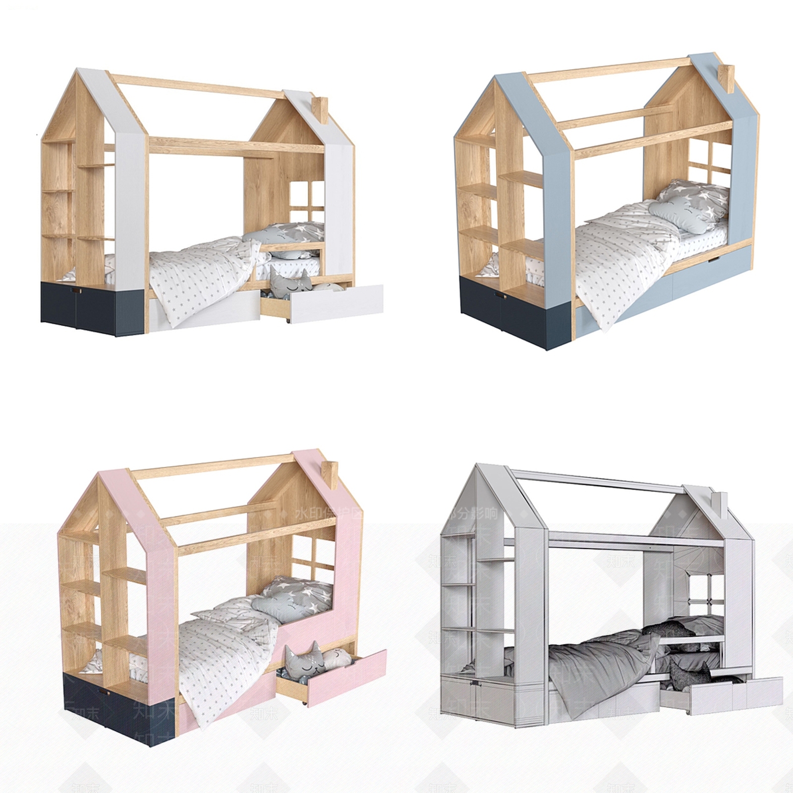北欧上下高低儿童床3D模型下载【ID:1100585957】