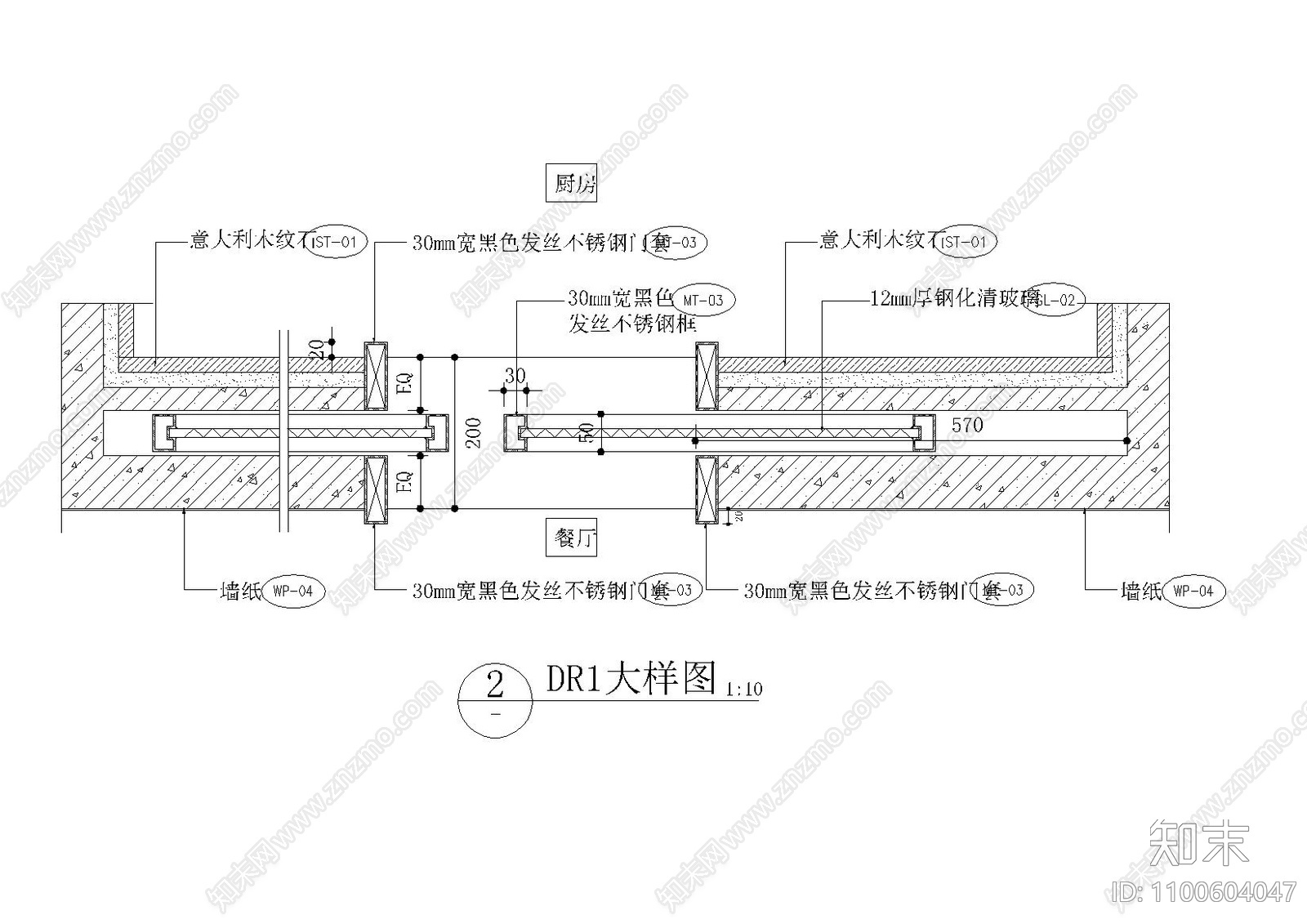 厨房玻璃推拉门cad施工图下载【ID:1100604047】