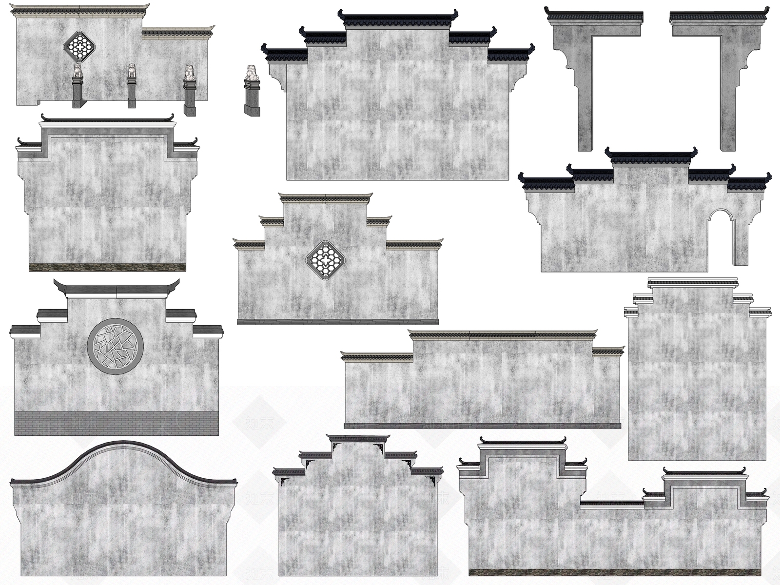 中式马头墙组合SU模型下载【ID:1100623864】