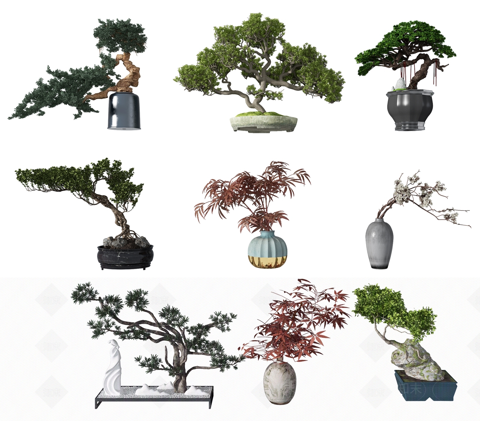 新中式迎客松盆栽3D模型下载【ID:1100631901】