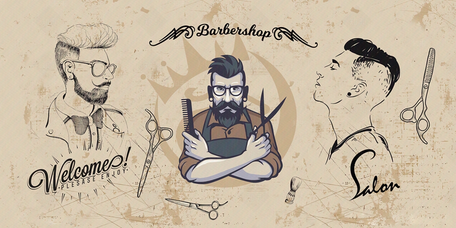 理发店手绘涂鸦背景贴图下载【ID:1100667980】