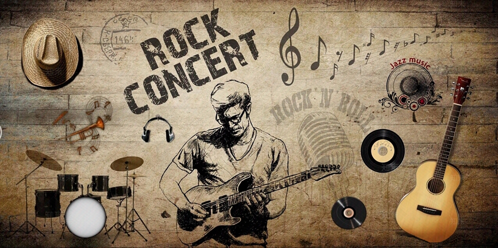 工业风涂鸦摇滚吉他壁画贴图下载【ID:1100669329】