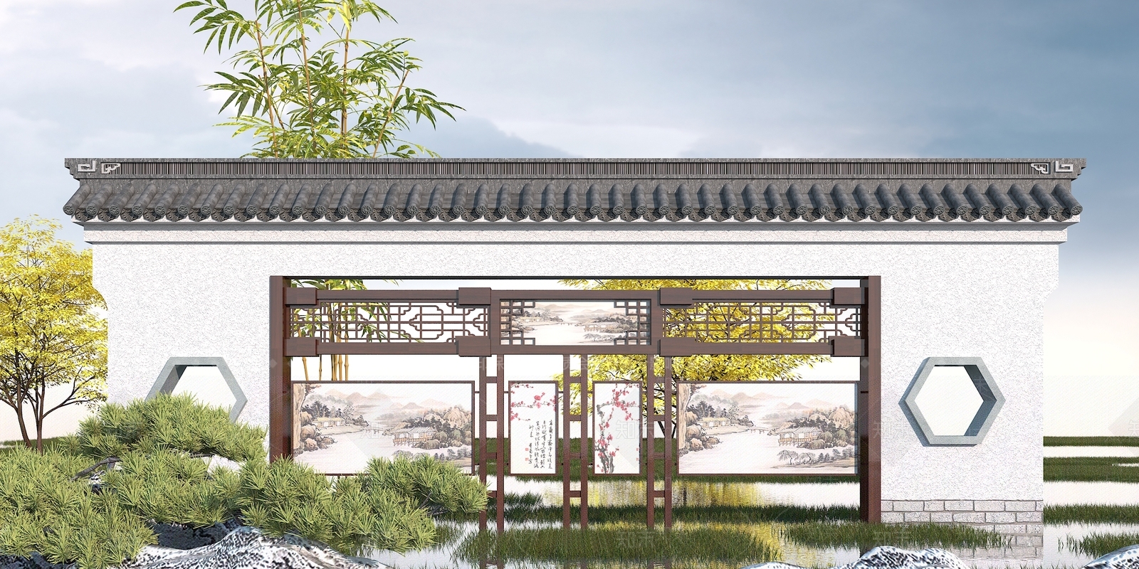中式园林景墙3D模型下载【ID:1100683256】