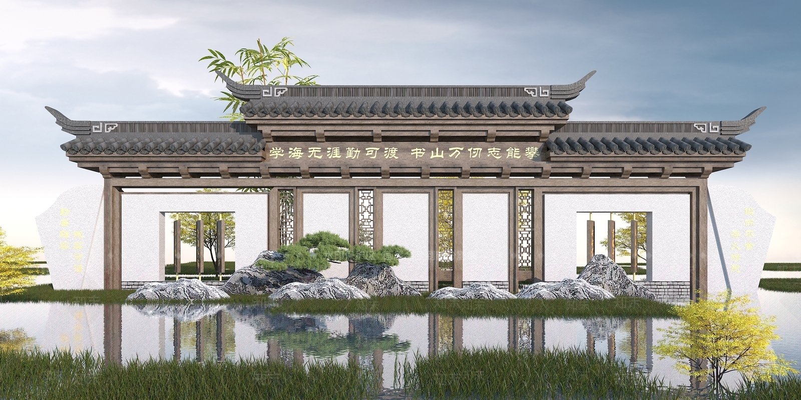中式园林景观墙3D模型下载【ID:1100683887】