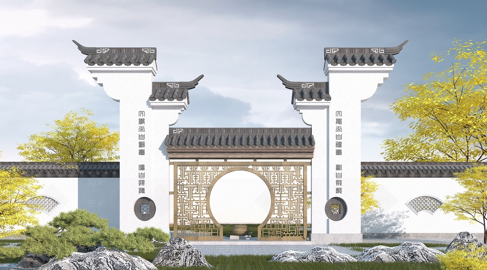 中式园林景观墙3D模型下载【ID:1100726102】