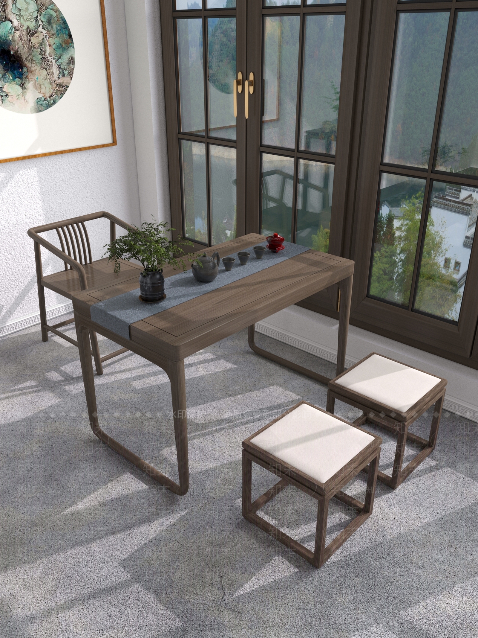 新中式阳台3D模型下载【ID:1100760030】