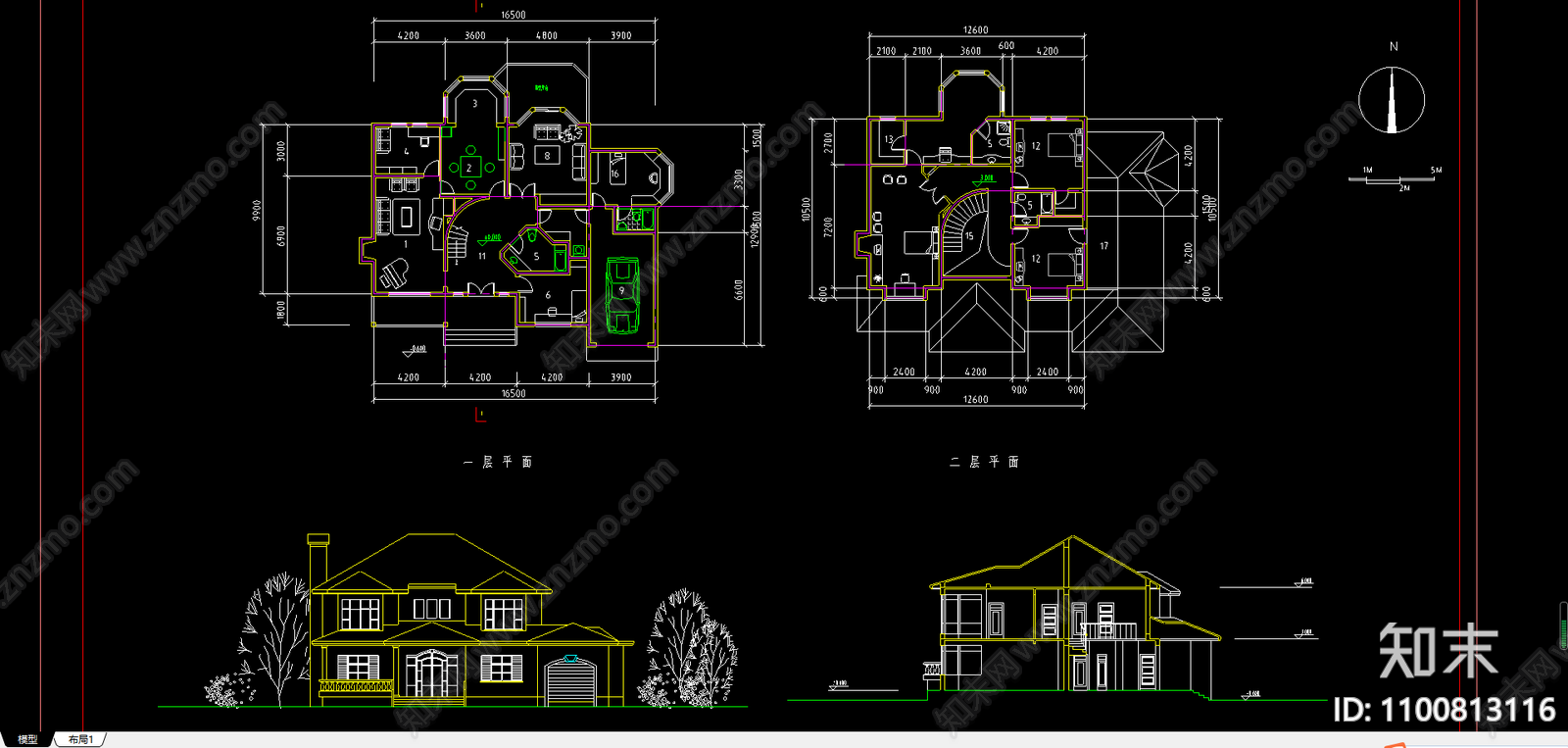 欧式带车库别墅建筑cad施工图下载【ID:1100813116】