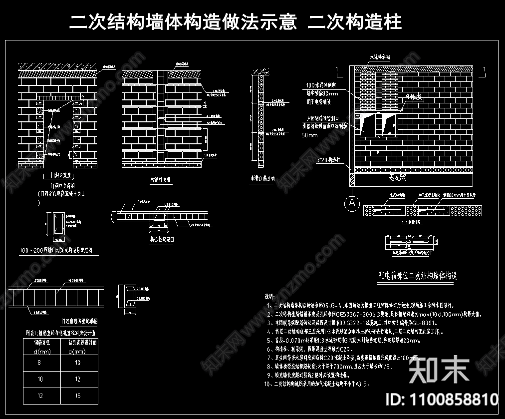 二次结构墙体构造做法示意施工图下载【ID:1100858810】