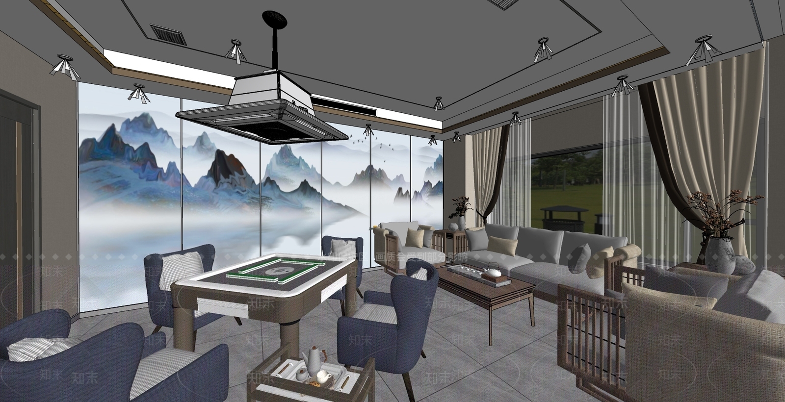 新中式棋牌室SU模型下载【ID:1100903931】