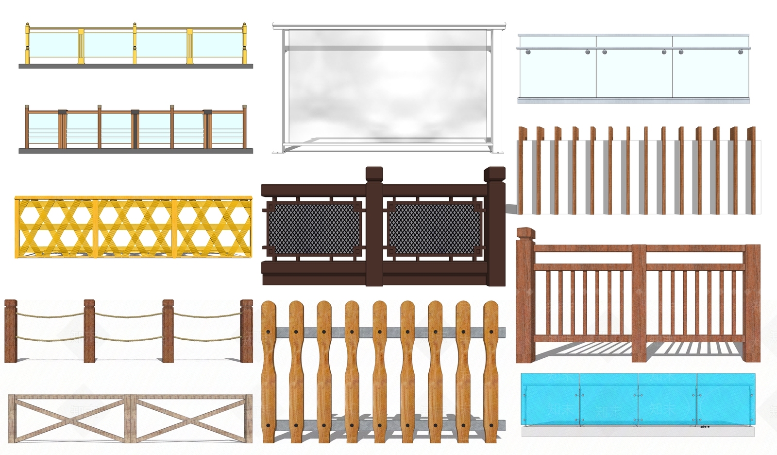 现代木艺栏杆SU模型下载【ID:1101132571】