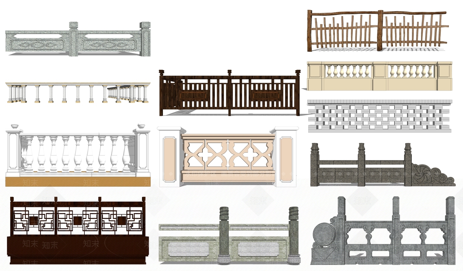 新中式大理石栏杆SU模型下载【ID:1101132612】