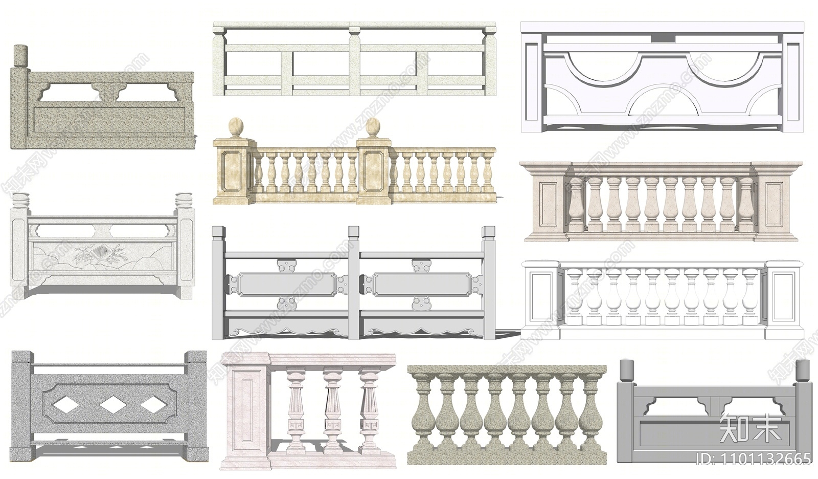 新中式大理石栏杆SU模型下载【ID:1101132665】