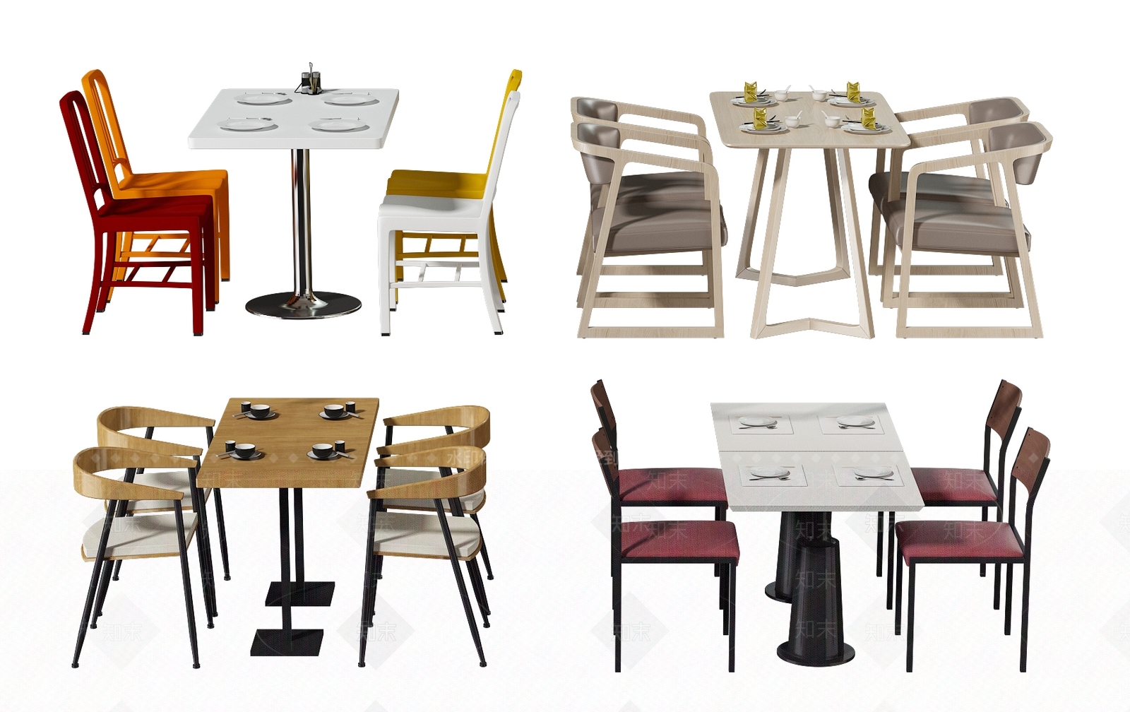 现代快餐厅餐桌椅组合3D模型下载【ID:1100938125】