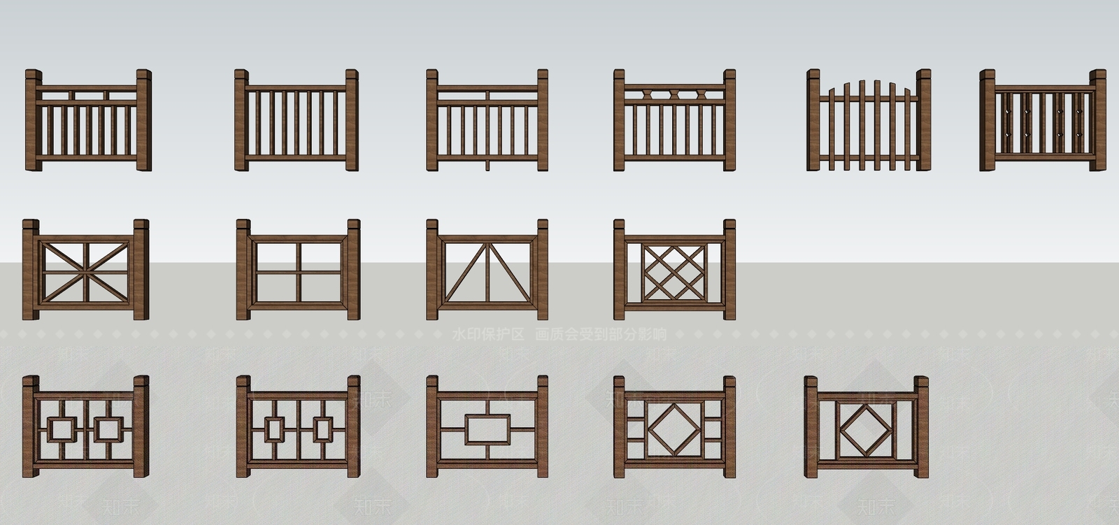 新中式防腐木栏杆SU模型下载【ID:1100992461】