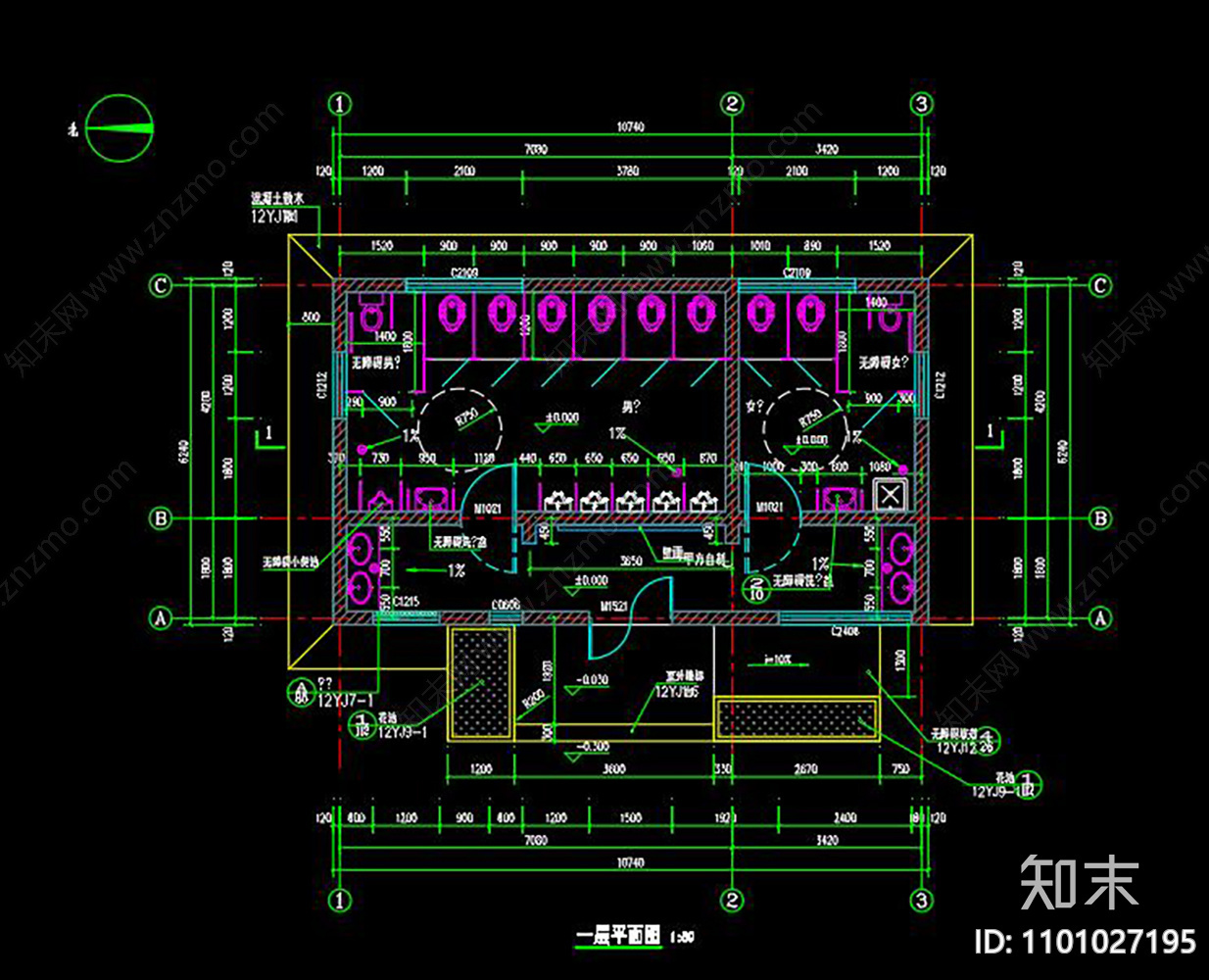 公厕建筑cad施工图下载【ID:1101027195】