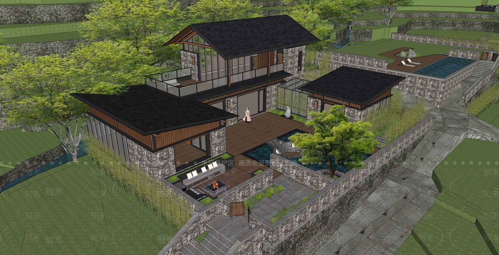 新中式民宿建筑SU模型精品下载_SketchUp模型_知末网