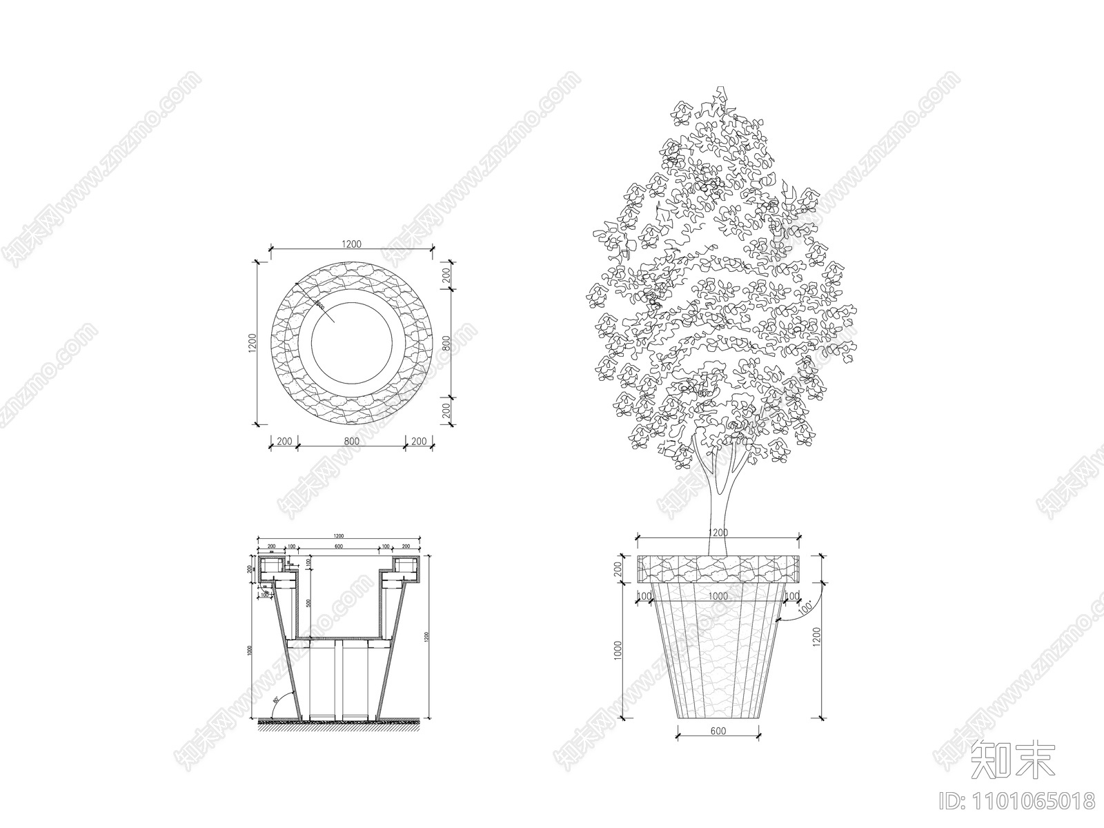 景观植物石材盆栽剖面做法cad施工图下载【ID:1101065018】