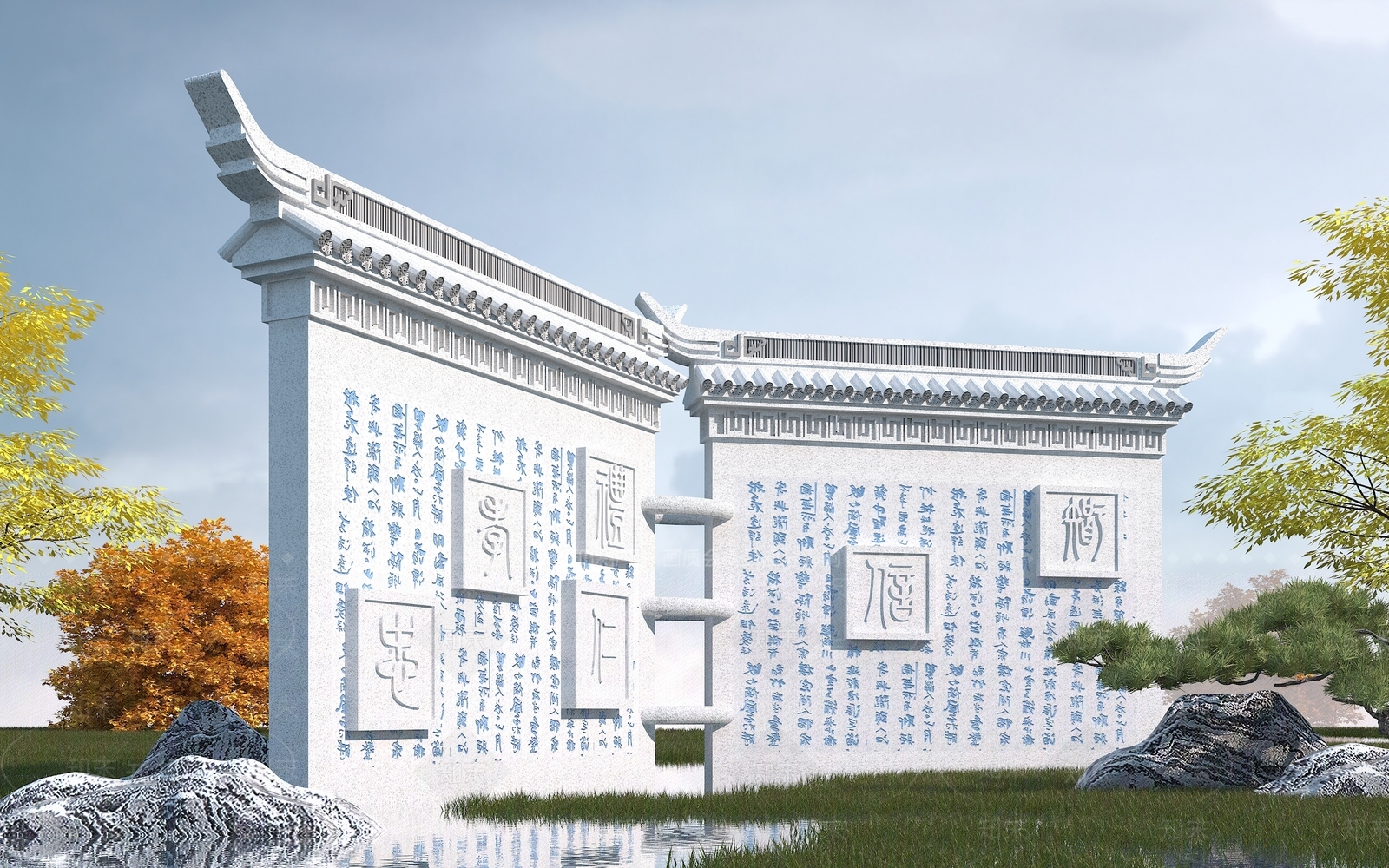 中式园林景观墙3D模型下载【ID:1101227611】