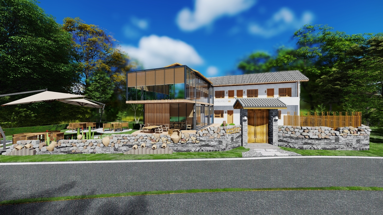 新中式餐饮建筑SU模型下载【ID:1101268707】